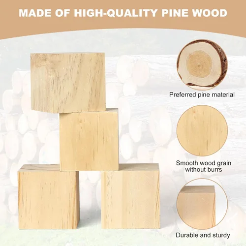 Vista 3 de Paquete de 4 bloques de madera para manualidades, bloques de cubos de madera sin terminar, bloques cuadrados de madera natural de 3 pulgadas, cubos