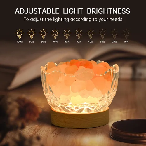 Vista 5 de Lámpara de sal del Himalaya, rosa, base de madera, 10 niveles de ajuste de intensidad de luz, enchufe USB, 1 año de garantía