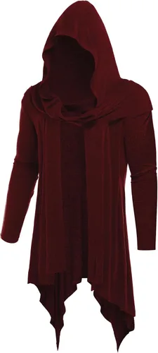 Vista 11 de Cárdigan largo con capucha para hombre, con volantes, cuello de chal, parte delantera abierta, ligero, con bolsillos