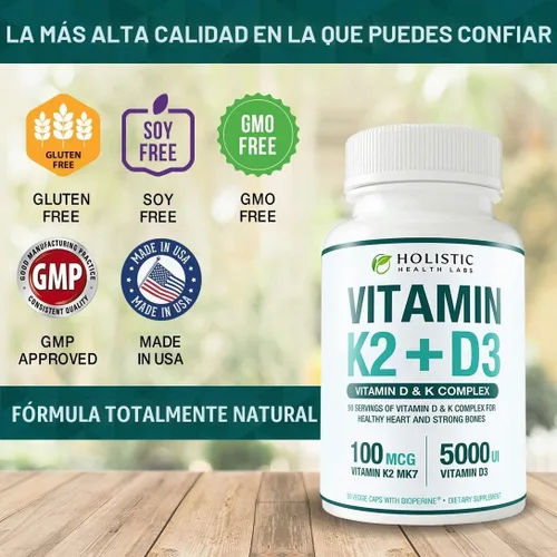 Vista 7 de Vitamina K2 + D3 de absorción máxima (5000UI), 90 cápsulas vegetales de MK-7 (Menaquinona-7) y colecalciferol (con BioPerina) Suministro de 3 meses
