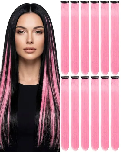 Vista 21 de 12 extensiones de cabello negro con clip, extensiones de cabello de color de 22 pulgadas, extensiones de cabello sintético largo y lacio para mujer