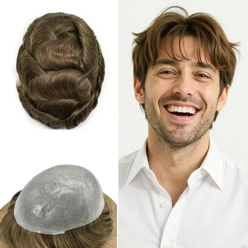 Vista 69 de Tupé de piel ultra fina para hombres pieza de cabello humano real sistema de reemplazo 0.002 in Mens Toupee Hairpiece para hombres V-Loop 8x10 80%