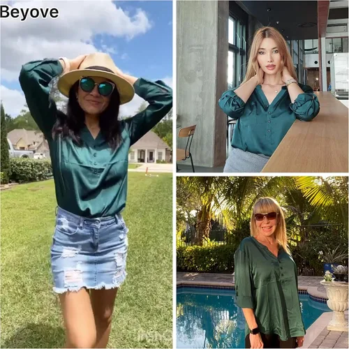 Vista 5 de Beyove Blusas de satén para mujer, camisas sedosas con botones, cuello en V, manga larga, casual, sueltas, para el trabajo de la oficina