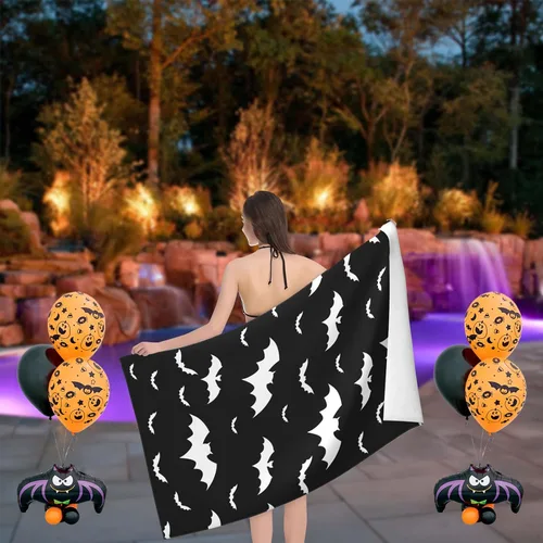 Vista 5 de Toalla de playa de Halloween con diseño de murciélagos, de microfibra, de secado rápido, súper absorbente, toallas de baño negras de gran