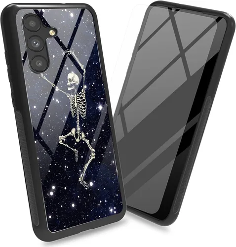 Vista 18 de Funda para Samsung Galaxy A13 5G con protector de pantalla, cubierta trasera de vidrio templado, diseño de flores de gato negro, marco de Flores