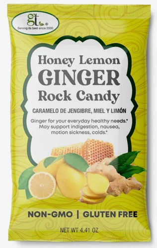 Vista 5 de GT Honey Lemon Ginger Rock Candy, bolsa de 4.41 onzas, 1 paquete