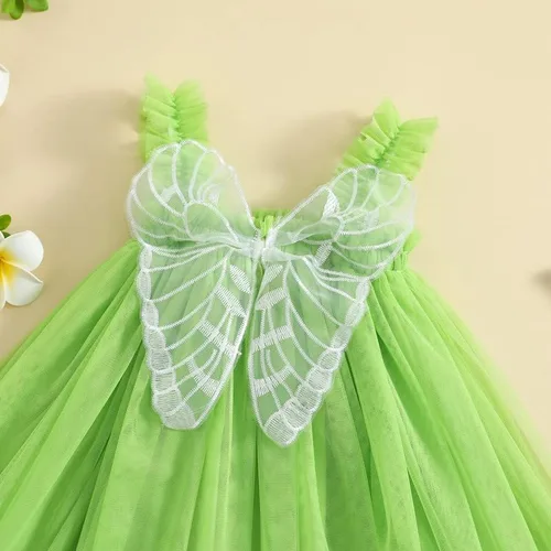Vista 4 de GuliriFei Disfraz de hada verde para niñas de Halloween, vestido de princesa sin mangas con mariposa Tinkerbell disfraz de hada