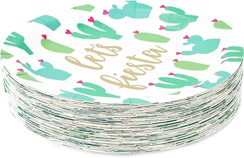 Vista 4 de Sparkle and Bash Fiesta - Platos de postre – Paquete de 48 unidades, 9 pulgadas, patrón de cactus multicolor – Platos de cactus de papel desechables