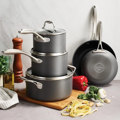 Vista 2 de Tramontina OnyxPro - Juego de 8 utensilios de cocina anodizados duros antiadherentes con tapas de vidrio, ollas y sartenes, apto para horno