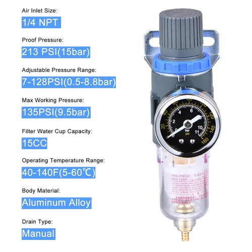 Vista 3 de Regulador de presión del filtro de aire NPT de 1/4", filtro compresor de herramienta de aire trampa de agua con medidor por ZHONG AN