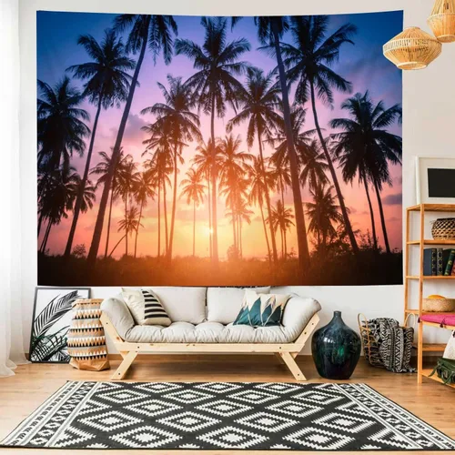Vista 4 de Hjokiupt Tapiz de playa tropical, puesta de sol, playa, océano, palmera, fantasía, crepúsculo, verano, tapices artísticos para dormitorio, paisaje