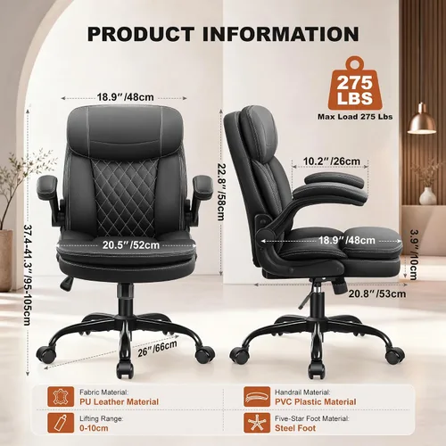 Vista 2 de Silla de oficina de cuero, silla de escritorio para computadora Negro