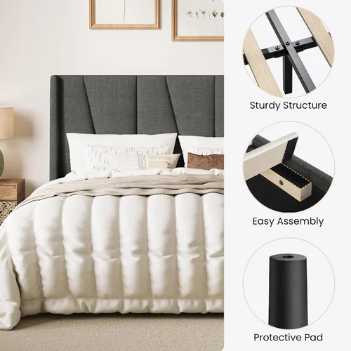 Vista 7 de SHA CERLIN Base de cama tamaño Queen con cabecera geométrica con respaldo de ala, plataforma tapizada con soporte de listones de madera, espacio Gris