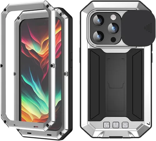 Vista 13 de FW - Funda de metal compatible con iPhone 15 Pro con cubierta deslizante para cámara deslizante, protector de pantalla integrado, funda híbrida