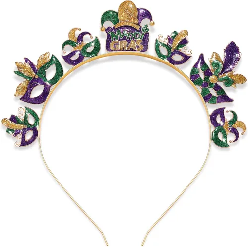 Vista 9 de Diadema de Mardi Gras para mujer, máscara de flor de lis, diadema de diamantes de imitación, diadema de martes gordos de carnaval, desfile