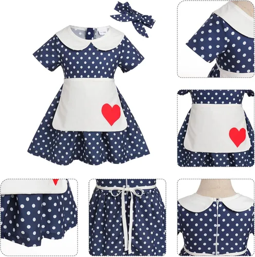 Vista 6 de IWEMEK Vestido de ama de casa de los años 50 para niñas con delantal, vestido de lunares, disfraz de ama de casa de los años 50, disfraz