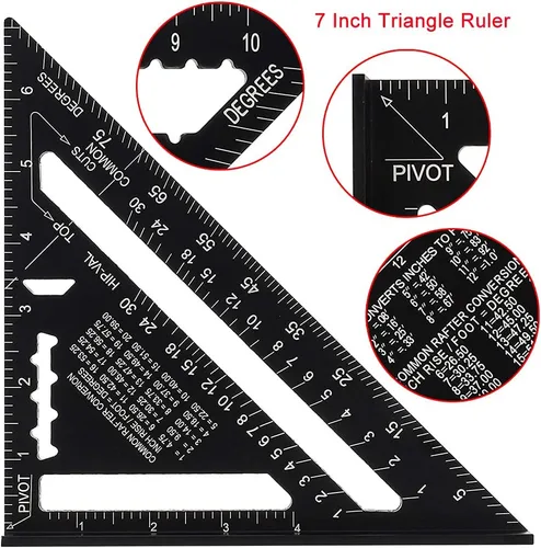 Vista 5 de ASNOMY Regla triangular de 7 pulgadas y 12 pulgadas, transportador cuadrado de viga negra, regla triangular de aleación de aluminio de alta