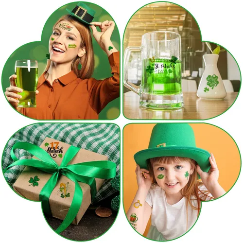 Vista 5 de 80 piezas de accesorios de decoración de tatuajes del día de San Patricio, 12 hojas de calcomanías temporales de tatuaje de trébol para niños
