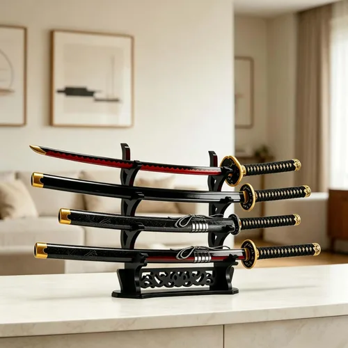 Vista 6 de Soporte de 4 niveles para espada, soporte de mesa para katana, sable de luz, Genji, espadas samurái