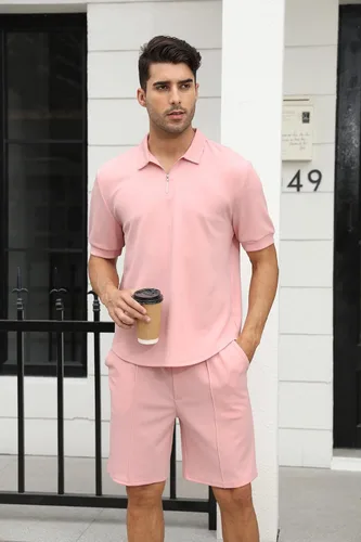 Vista 2 de FZNHQL Conjunto de dos piezas de moda para hombre, conjunto de camisa polo casual y pantalones para hombre