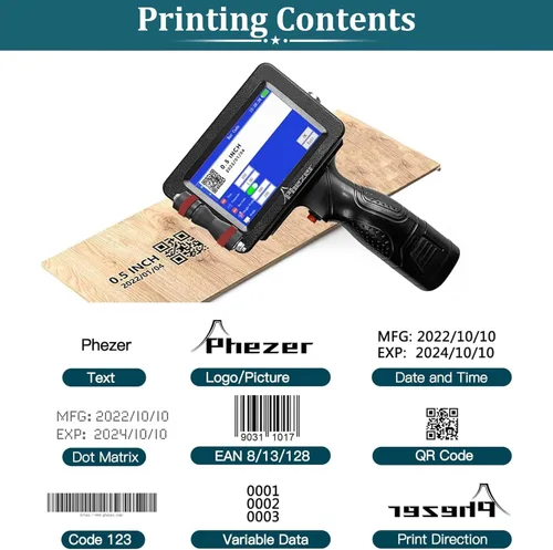 Vista 3 de Phezer Impresora de inyección de tinta portátil P16 mejorada para superficie plana con cartucho de tinta de secado rápido, máquina de codificación