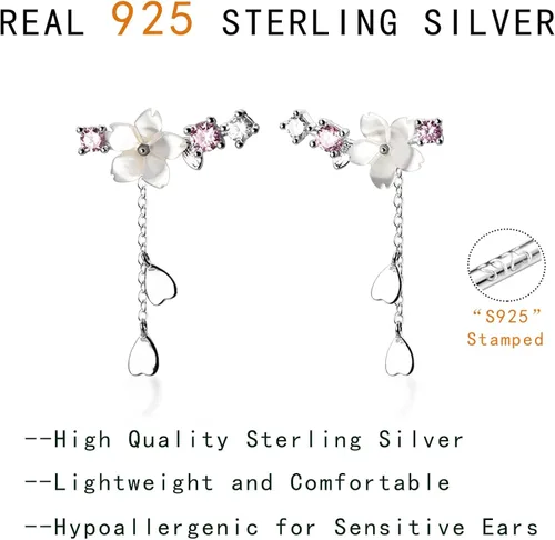 Vista 6 de Reffeer Aretes de plata de ley 925 con circonita cúbica, para mujeres, adolescentes, niñas, delicados aretes escaladores de flores, cadena colgante