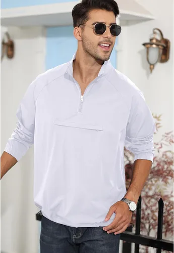 Vista 3 de Aulemen Suéter casual con cremallera de un cuarto para hombre, chaqueta ligera atlética, para senderismo, golf, cuello alto falso con bolsillos