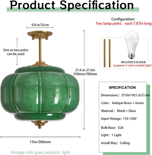 Vista 6 de Lámpara de techo de cristal de leche verde, lámpara colgante de calabaza vintage de 15 pulgadas con accesorio de latón antiguo, lámpara colgante