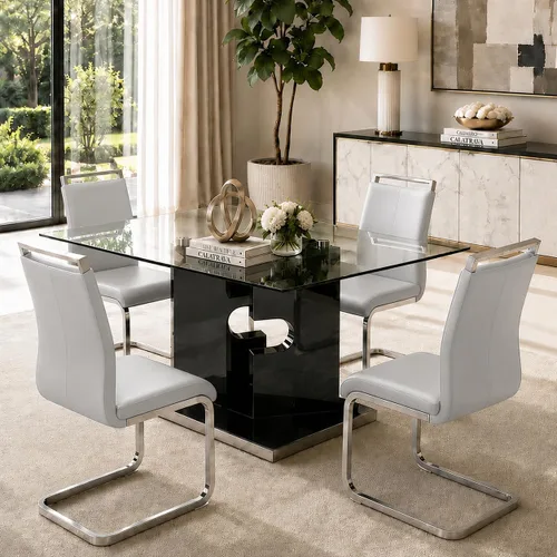 Vista 14 de Ebullient Juego de mesa de comedor de cristal de 63 pulgadas para 6, mesa de comedor de vidrio negro y base de MDF, mesa de cocina rectangular Mesa