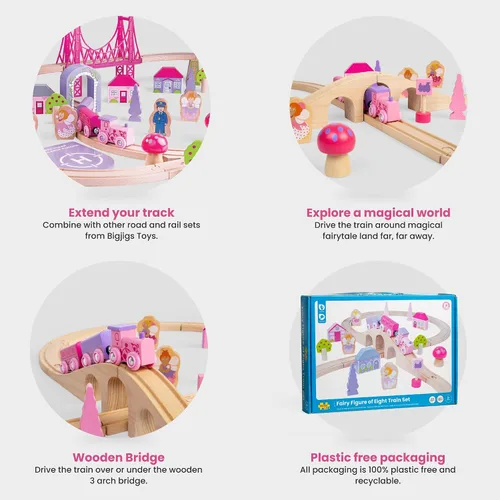 Vista 3 de Bigjigs Rail Juego de figuras de hada de madera de ocho trenes - 40 piezas de juego