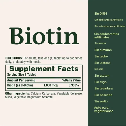 Vista 5 de Nature's Bounty Biotina, Apoya el metabolismo para la energía y la salud del cabello, la piel y las uñas, 1000 mcg, 100 tabletas