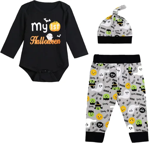 Vista 5 de PROMOTED TO BIG SISTER My First Halloween Baby Boy Outfit Set Pumpkin Romper Ghost Print Pants with Hat