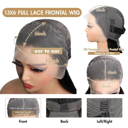 Vista 4 de Pelucas de cabello humano de 32 pulgadas con encaje frontal de 13 x 6 pulgadas, densidad 220, pelucas de cabello humano lacio con encaje frontal
