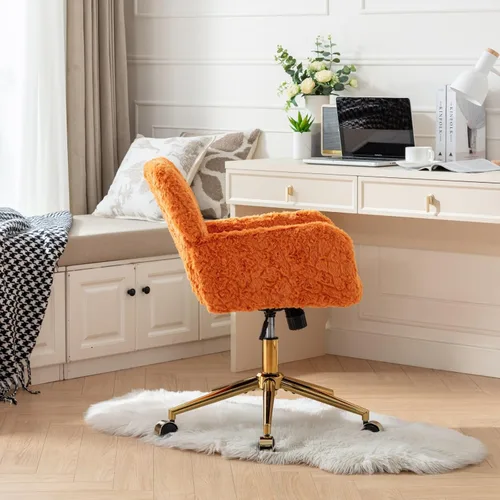 Vista 2 de Silla de oficina artificial de pelo de conejo copetudo, silla naranja con base de metal dorado, silla de escritorio ajustable, silla de oficina