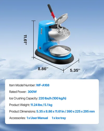 Vista 7 de VEVOR Máquina trituradora de hielo, 220 libras por hora, máquina eléctrica de cono de nieve de 4 cuchillas, máquina de hielo afeitado de acero Azul
