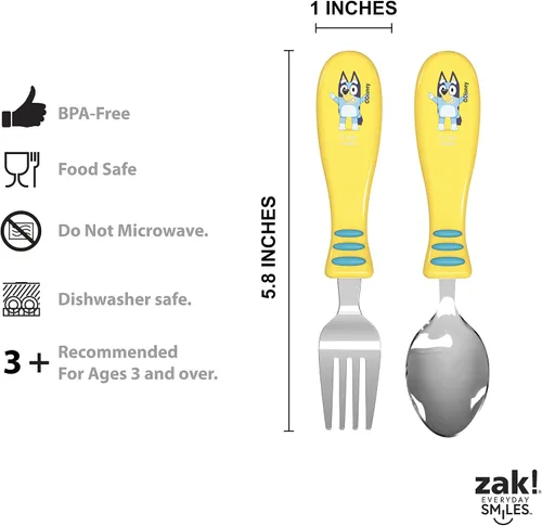 Vista 4 de Zak Designs Bluey - Juego de cubiertos para niños con divertido arte de personajes en ambos utensilios, tenedor antideslizante y cuchara es perfecto