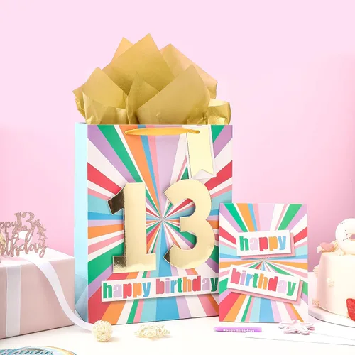 Vista 4 de WRAPAHOLIC Bolsa de regalo de cumpleaños grande de 13 pulgadas con tarjeta y papel de seda - 13 cumpleaños