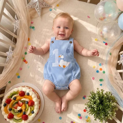 Vista 2 de Traje de cumpleaños para bebé niño, mameluco de ganso tonto Azul claro