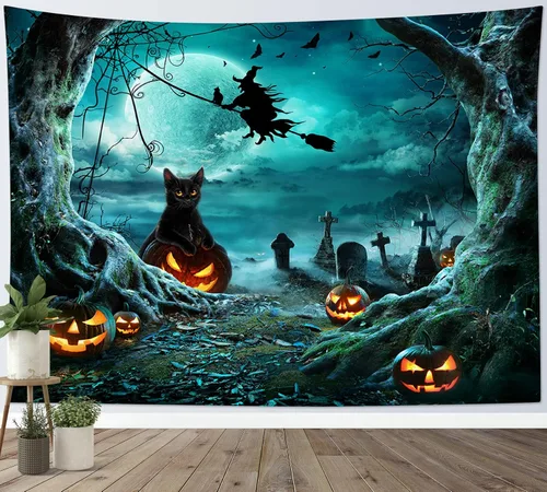 Vista 10 de LB Tapiz espeluznante de cementerio de Halloween, lápida aterradora con árboles muertos, tapiz de bosque para colgar en la pared, tapiz de fondo