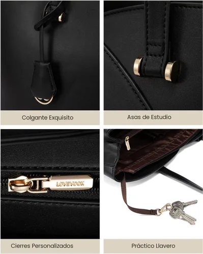 Vista 6 de LOVEVOOK Bolso de mano para laptop para mujeres, bolsos de trabajo, bolso para laptop para maestros, bolso de computadora de cuero, carteras Negro