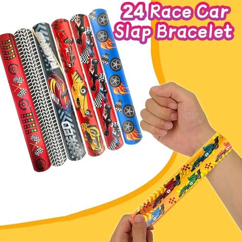 Vista 5 de CZWXOXO 24 Piezas Decoraciones de Fiesta de Coches de Carreras Favores Pulsera de Carreras Pulseras de Carreras Pulseras de Palmada a Cuadros