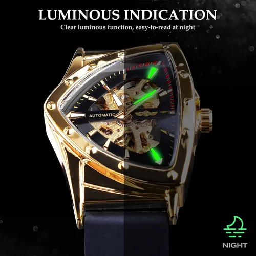 Vista 4 de FORSINING Reloj mecánico automático triangular Gold Shield, esfera de gran tamaño, diseño de esfera totalmente hueca, movimiento automático, correa