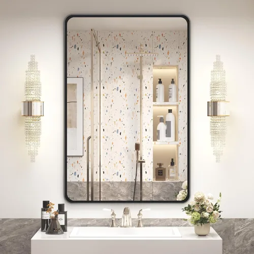 Vista 24 de OKPAL - Espejo de tocador de baño de 20x24 pulgadas con marco de metal cepillado en bronce, espejo de baño con marco de metal cepillado en bronce