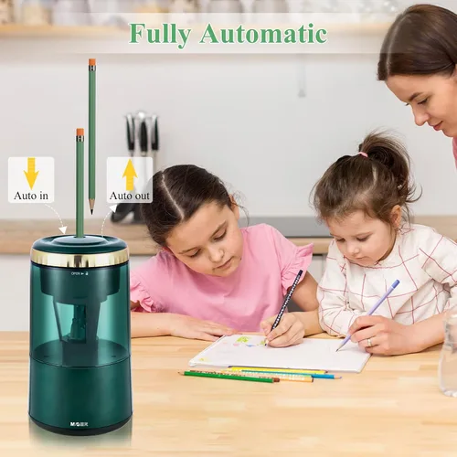 Vista 5 de M&G Sacapuntas eléctrico, sacapuntas automático portátil para lápices de colores, parada automática, totalmente automático, afilado y rápido Verde