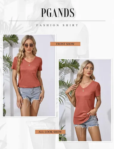 Vista 4 de PGANDS Camisetas de verano para mujer, cuello en V, manga corta, casual, básica, ajuste holgado
