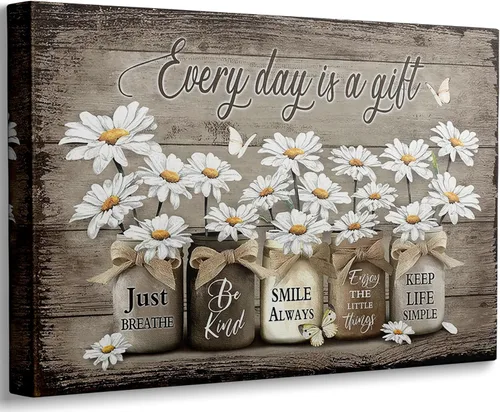Vista 11 de Arte de pared de lienzo para baño estilo granja, vintage, rústico, país, flor, mariposa azul, pintura, imagen, decoración de pared, Cada día es un