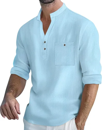 Vista 8 de Men's Henley Shirts Roll-Up Long Sleeve Band Collar Tops Casual Breathable Summer Beach Tees for
