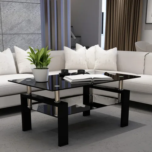 Vista 7 de IANIYA Mesa de Centro de Vidrio, Mesa de Centro Rectangular Negra para Sala de Estar con Vidrio Templado y Tubo de Metal, 2 Niveles de Espacio