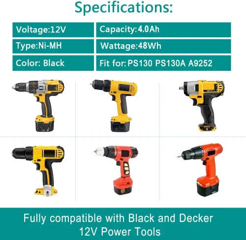 Vista 2 de CREABEST Batería de repuesto Ni-MH de 12V 4000mAh para Black & Decker PS130