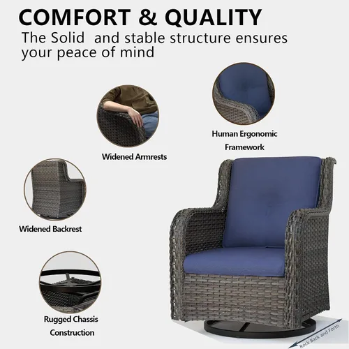 Vista 7 de Juego de 2 sillas de patio giratorias de 360 grados para exteriores y mesa auxiliar a juego – 3 sillas deslizantes de mimbre para patio con cojines